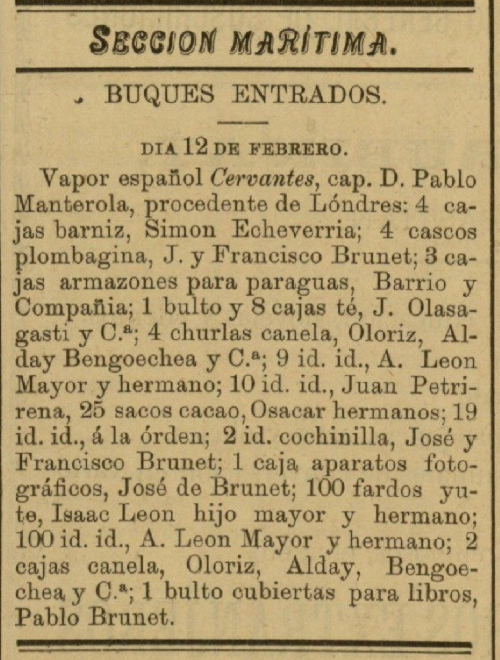 Aviso marítimo del Cervantes desde Londres que incluye una caja de aparatos fotográficos consignada a José de Brunet.