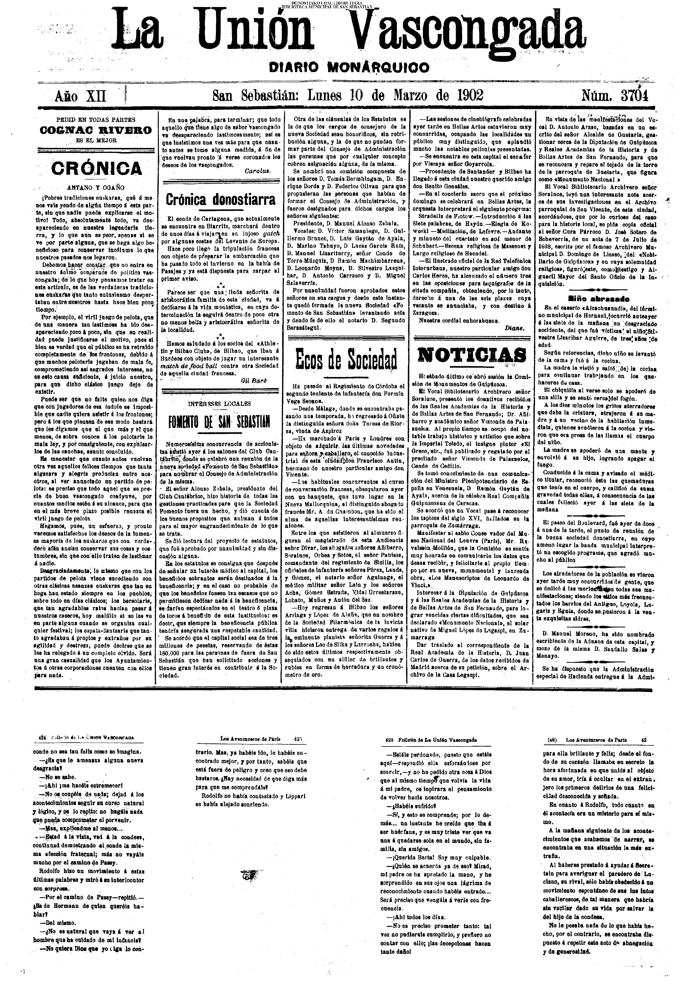 La Unión Vascongada del 10 de marzo de 1902 con la constitución de Fomento de San Sebastián.